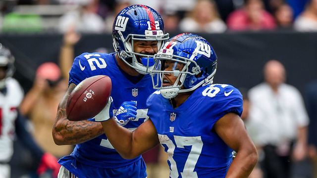 HOUSTON, TX - SEPTEMBER 23: New York Giants wide receiver Sterling Shepard (87) celebrates a touchdown catch during the football game between the New York Giants and Houston Texans on September 23, 2018 at NRG Stadium in Houston, TX.