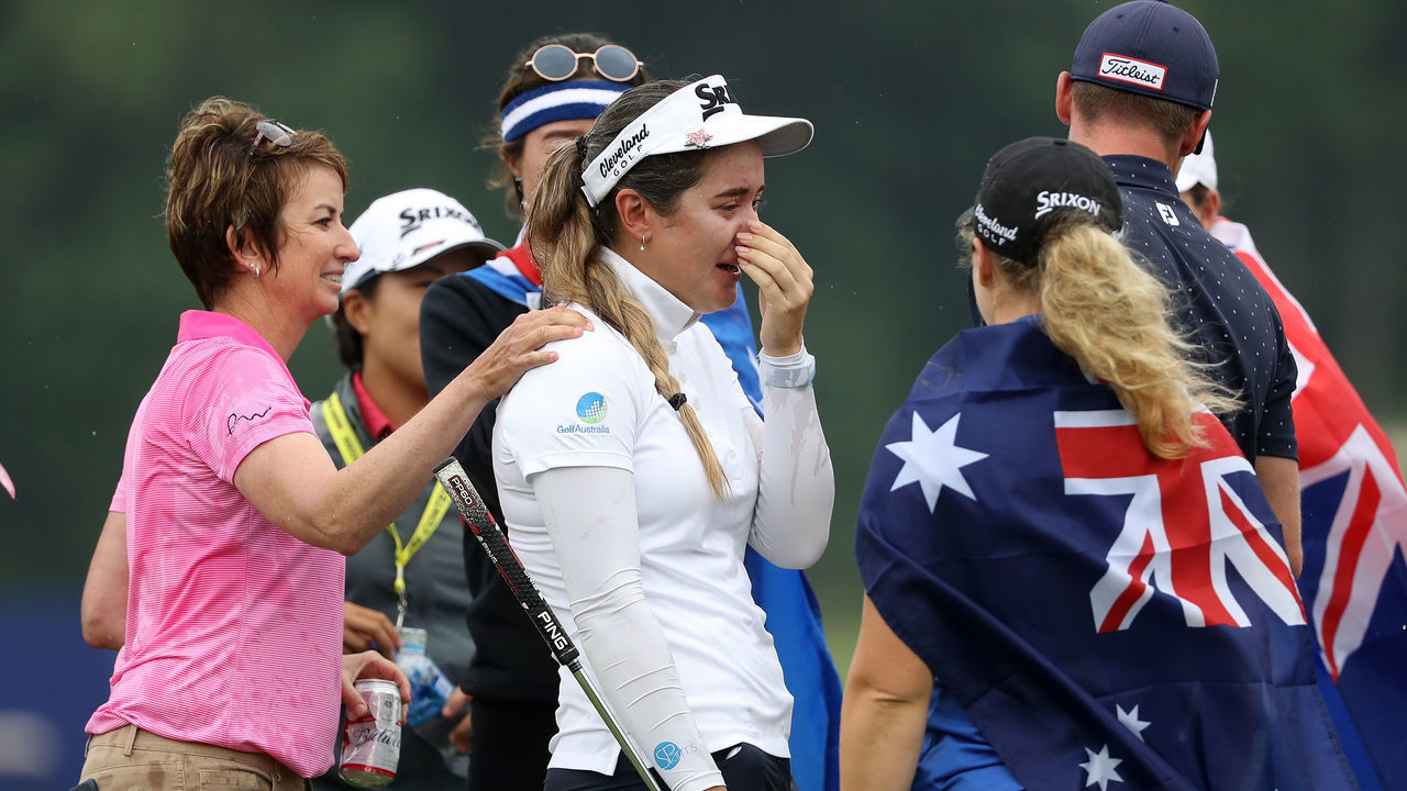 CHASKA, MINNESOTA - JUNE 23: Hannah Green of Australia is congratulated by friends on the 18th green after winning the KPMG PGA Championship at Hazeltine National Golf Club on June 23, 2019 in Chaska, Minnesota.