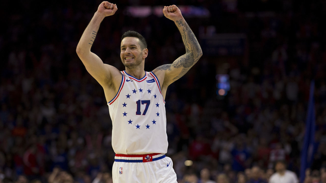 PHILADELPHIA, PA - MAY 09: JJ Redick #17 of the Philadelphia 76ers reacts against the Toronto Raptors in the third quarter of Game Six of the Eastern Conference Semifinals at the Wells Fargo Center on May 9, 2019 in Philadelphia, Pennsylvania. The 76ers defeated the Raptors 112-101.