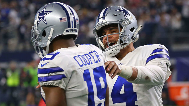 ARLINGTON, TEXAS - DECEMBER 09: Amari Cooper #19 of the Dallas Cowboys celebrates his second touchdown with Dak Prescott #4 against the Philadelphia Eagles at AT&T Stadium on December 09, 2018 in Arlington, Texas.