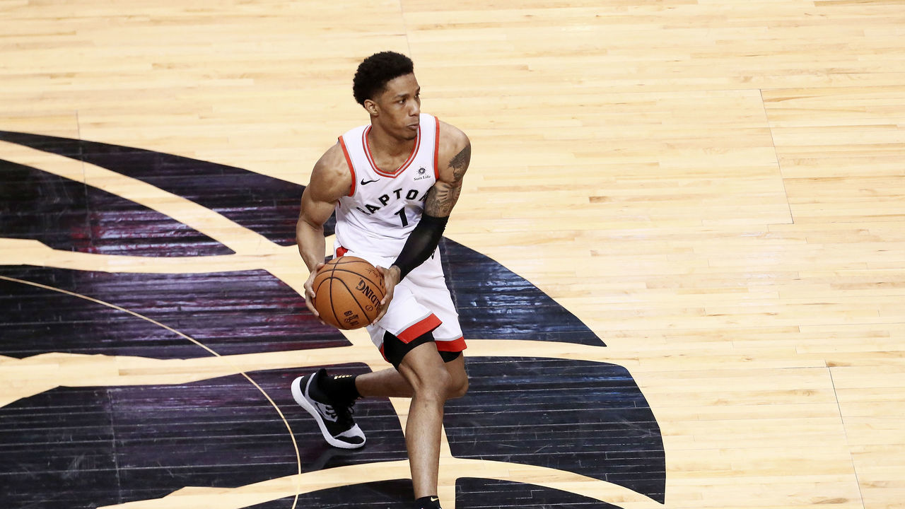 TORONTO, CANADA - MAY 30: Patrick McCaw #1 of the Toronto Raptors handles the ball against the Golden State Warriors during Game One of the NBA Finals on May 30, 2019 at Scotiabank Arena in Toronto, Ontario, Canada. NOTE TO USER: User expressly acknowledges and agrees that, by downloading and/or using this photograph, user is consenting to the terms and conditions of the Getty Images License Agreement. Mandatory Copyright Notice: Copyright 2019 NBAE