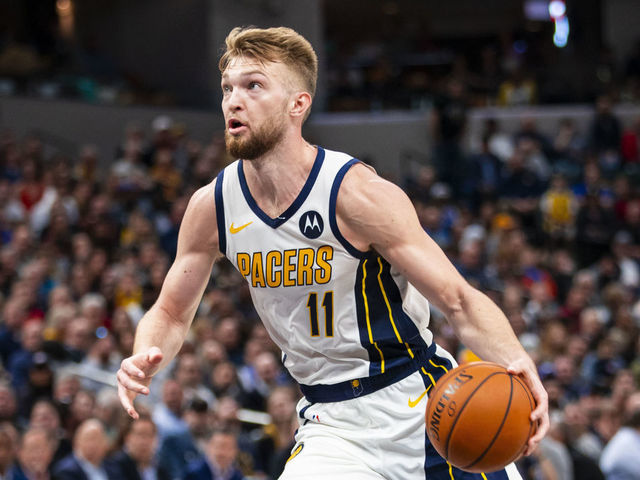 INDIANAPOLIS, IN - MARCH 14: Domantas Sabonis #11 of the Indiana Pacers handles the ball against the Oklahoma City Thunder on March 14, 2019 at Bankers Life Fieldhouse in Indianapolis, Indiana. Mandatory Copyright Notice: Copyright 2019 NBAE
