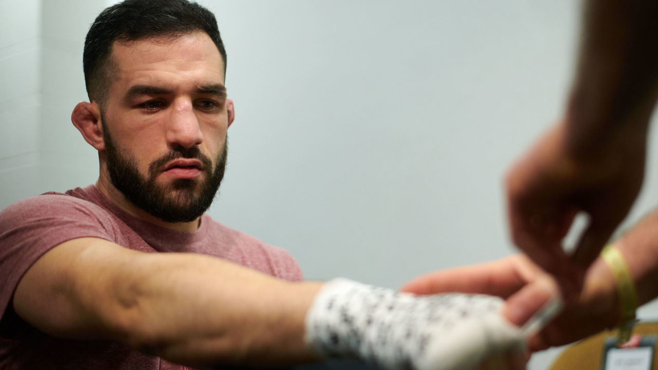 AUSTIN, TX - FEBRUARY 18: Jared Gordon has his hands wrapped before fighting Carlos Diego Ferreira during the UFC Fight Night event at Frank Erwin Center on February 18, 2018 in Austin, Texas.