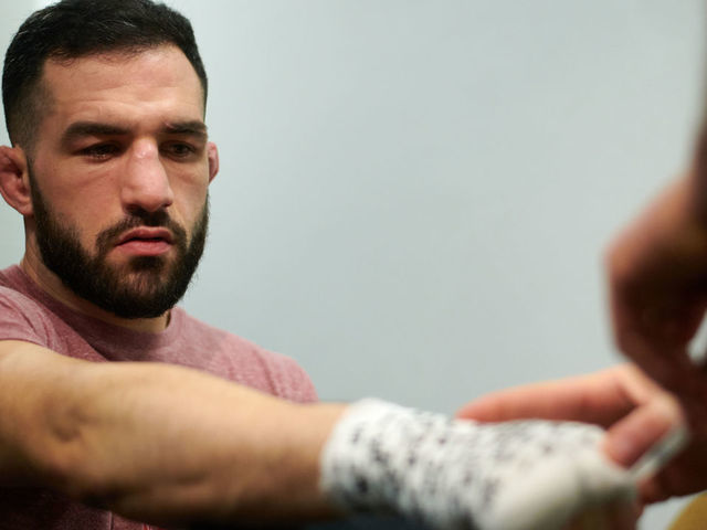 AUSTIN, TX - FEBRUARY 18: Jared Gordon has his hands wrapped before fighting Carlos Diego Ferreira during the UFC Fight Night event at Frank Erwin Center on February 18, 2018 in Austin, Texas.