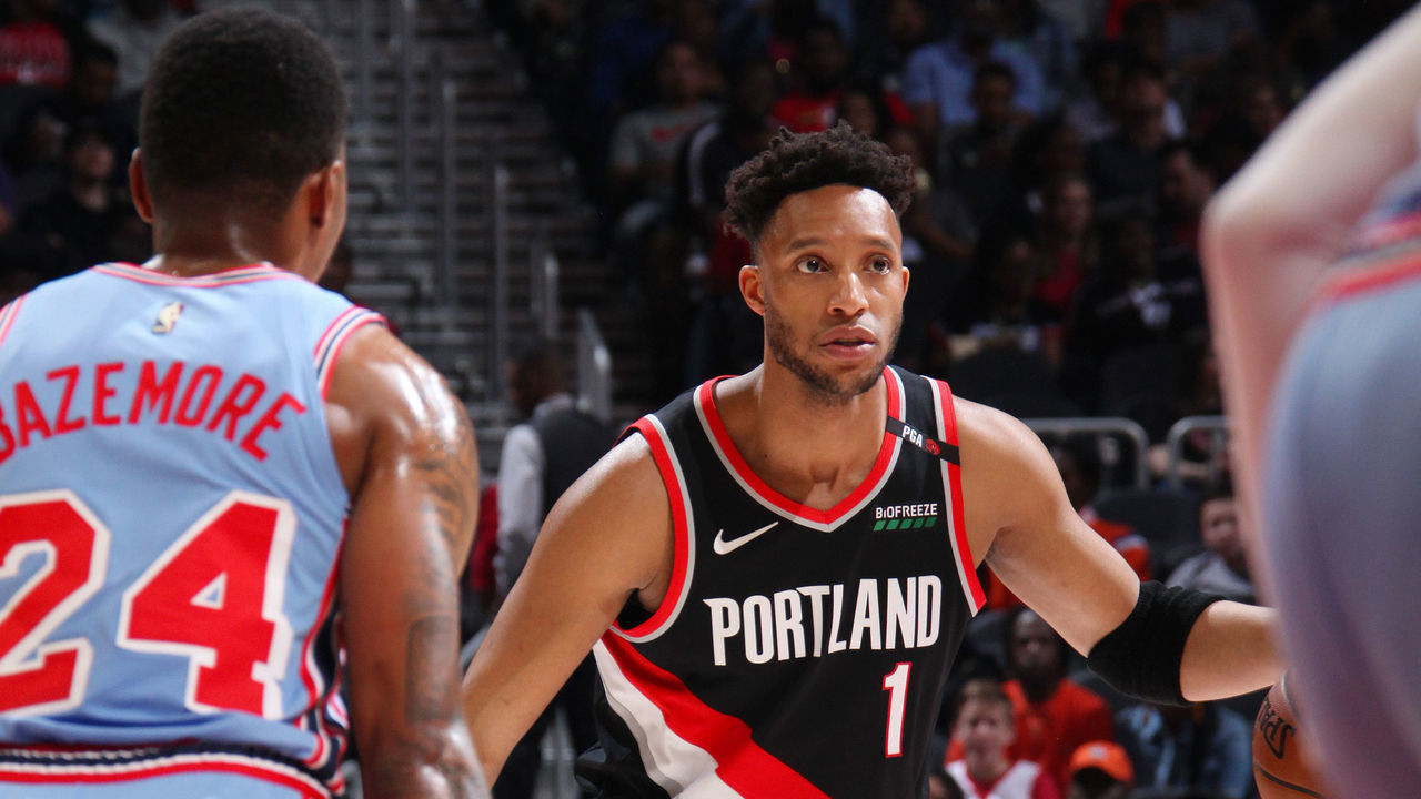 ATLANTA, GA - MARCH 29: Evan Turner #1 of the Portland Trail Blazers handles the ball during the game against Kent Bazemore #24 of the Atlanta Hawks on March 29, 2019 at State Farm Arena in Atlanta, Georgia. NOTE TO USER: User expressly acknowledges and agrees that, by downloading and/or using this Photograph, user is consenting to the terms and conditions of the Getty Images License Agreement. Mandatory Copyright Notice: Copyright 2019 NBAE