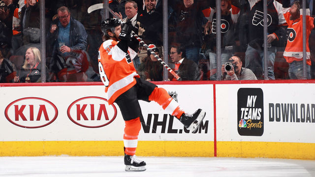 PHILADELPHIA, PENNSYLVANIA - MARCH 27: Ryan Hartman #38 of the Philadelphia Flyers celebrates his goal at 9:00 of the third period against the Toronto Maple Leafs at the Wells Fargo Center on March 27, 2019 in Philadelphia, Pennsylvania. The Flyers defeated the Maple Leafs 5-4 in the shoot-out.