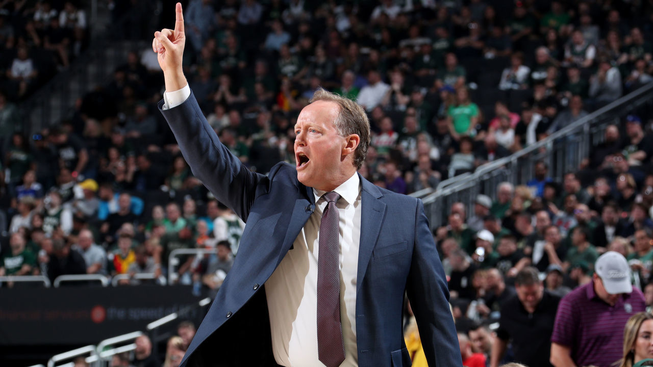 MILWAUKEE, WI - MAY 23: Head Coach Mike Budenholzer of the Milwaukee Bucks calls a play against the Toronto Raptors during Game Five of the Eastern Conference Finals of the 2019 NBA Playoffs on May 23, 2019 at the Fiserv Forum Center in Milwaukee, Wisconsin. Mandatory Copyright Notice: Copyright 2019 NBAE .