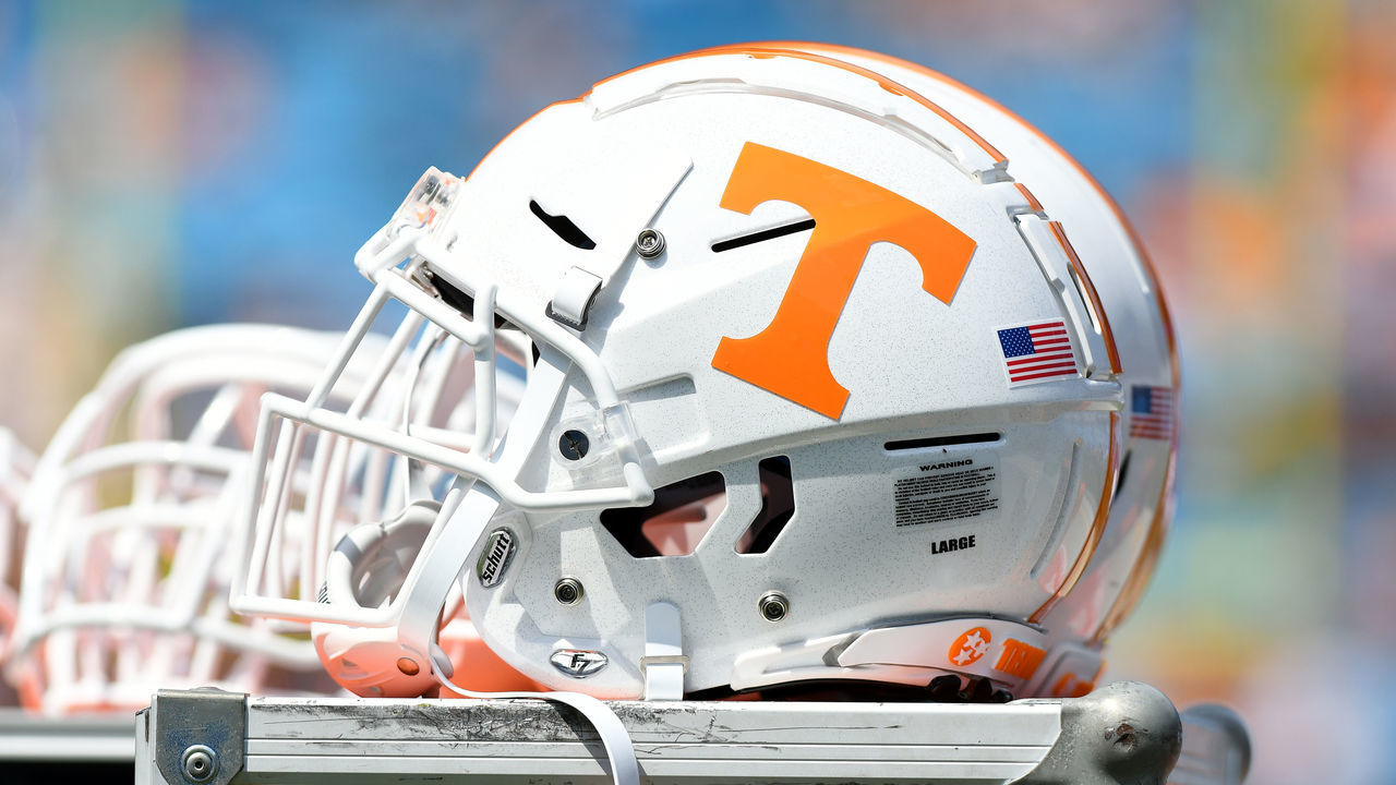CHARLOTTE, NC - SEPTEMBER 01: A Tennessee Volunteers helmet sits in the sideline prior to the Belk College Kickoff game between the Tennessee Volunteers and the West Virginia Mountaineers on September 01, 2018 at Bank of America Stadium in Charlotte,NC.