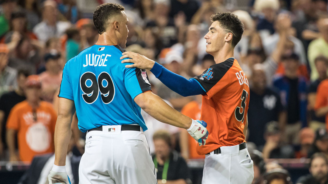 MIAMI, FL - JULY 10: Aaron Judge #99 of the New York Yankees and Cody Bellinger #35 of the Los Angeles Dodgers during the T-Mobile Home Run Derby at Marlins Park on July 10, 2017 in Miami, Florida.
