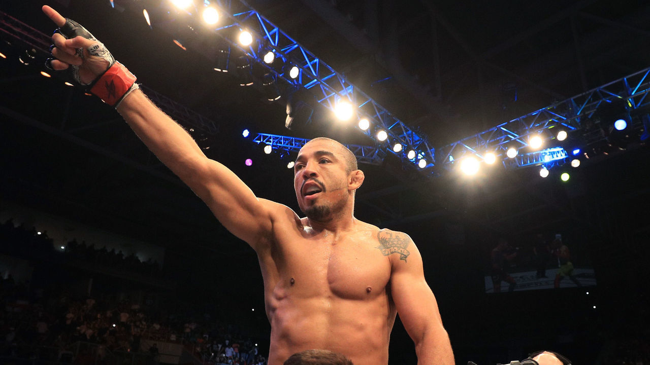 FORTALEZA, BRAZIL - FEBRUARY 02: Jose Aldo of Brazil celebrates after his knockout victory over Renato Moicano of Brazil in their featherweight fight during the UFC Fight Night event at CFO Centro de Formacao Olimpica on February 2, 2019 in Fortaleza, Brazil.