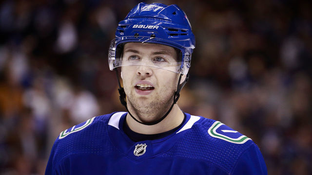 VANCOUVER, BC - APRIL 2: Ben Hutton #27 of the Vancouver Canucks skates up ice during their NHL game against the San Jose Sharks at Rogers Arena April 2, 2019 in Vancouver, British Columbia, Canada. "n