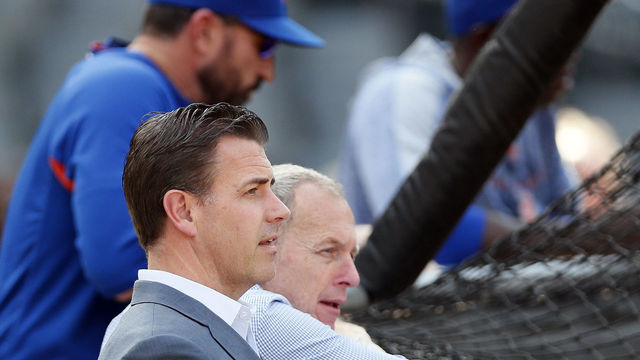 NEW YORK, NY - MAY 20: Brodie Van Wagenen, General Manager of the New York Mets, watches the Mets batting practice as manager Mickey Callaway watches from behind him before an MLB baseball game against the Washington Nationals on May 20, 2019 at Citi Field in the Queens borough of New York City. Mets won 5-3.