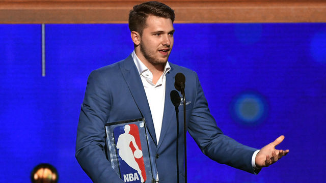 SANTA MONICA, CALIFORNIA - JUNE 24: Luka Dončić accepts the Kia NBA Rookie of the Year award onstage during the 2019 NBA Awards presented by Kia at Barker Hangar on June 24, 2019 in Santa Monica, California.