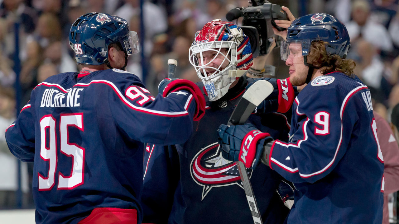COLUMBUS, OH - APRIL 16: Columbus Blue Jackets goaltender Sergei Bobrovsky (72) celebrates with Columbus Blue Jackets center Matt Duchene (95) and Columbus Blue Jackets left wing Artemi Panarin (9) after winning the Stanley Cup first round playoff game four between the Columbus Blue Jackets and the Tampa Bay Lightning on April 16, 2019 at Nationwide Arena in Columbus, OH.