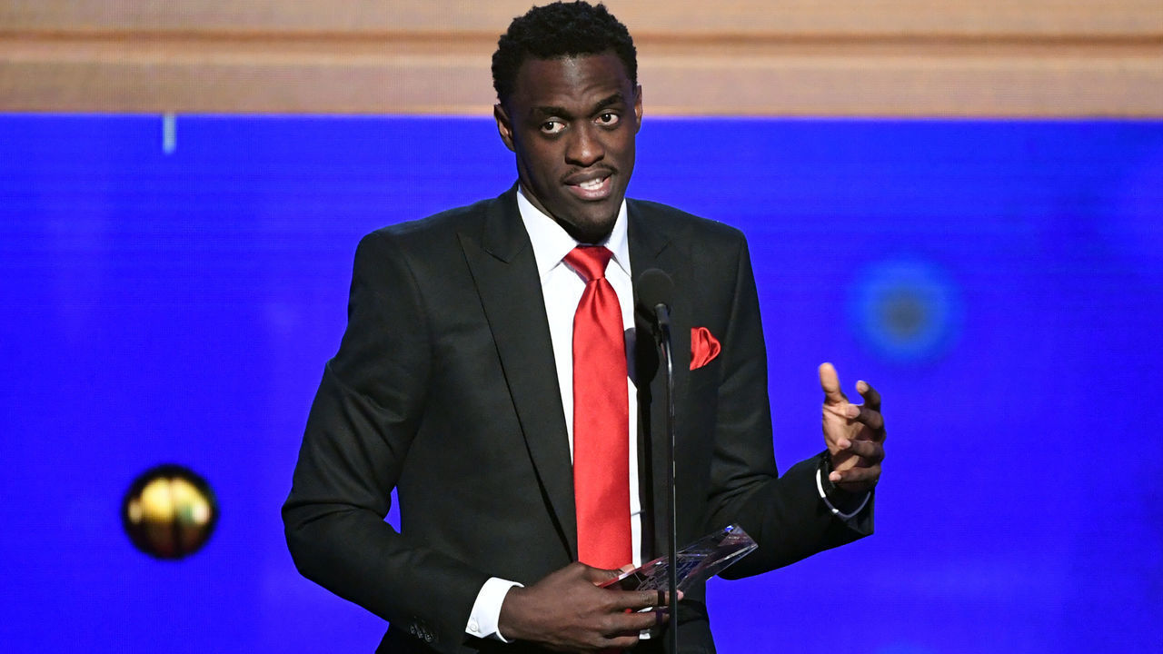 SANTA MONICA, CALIFORNIA - JUNE 24: Pascal Siakam accepts the Kia NBA Most Improved Player Award onstage during the 2019 NBA Awards presented by Kia at Barker Hangar on June 24, 2019 in Santa Monica, California.