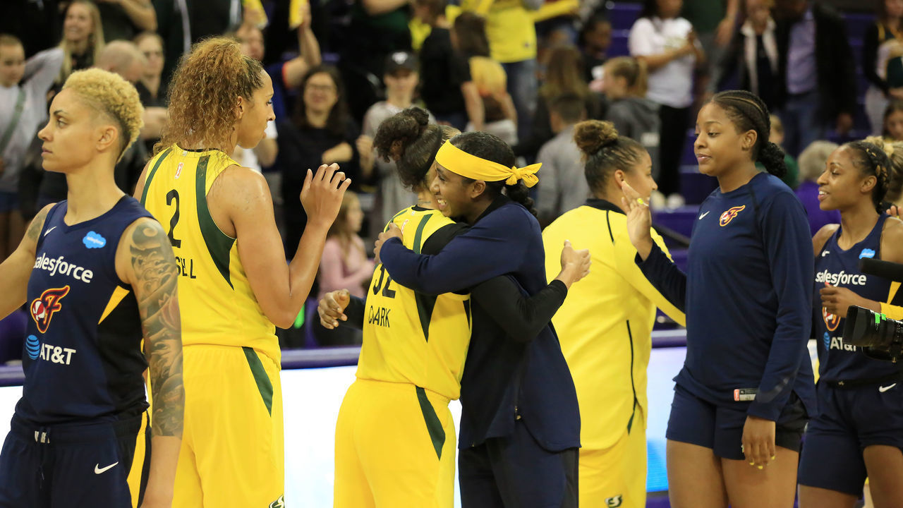 EVERETT, WA- JUNE 23: Members of the Indiana Fever and the Seattle Storm on June 23, 2019 at the Angel of the Winds Arena, in Everett, Washington. Mandatory Copyright Notice: Copyright 2019 NBAE