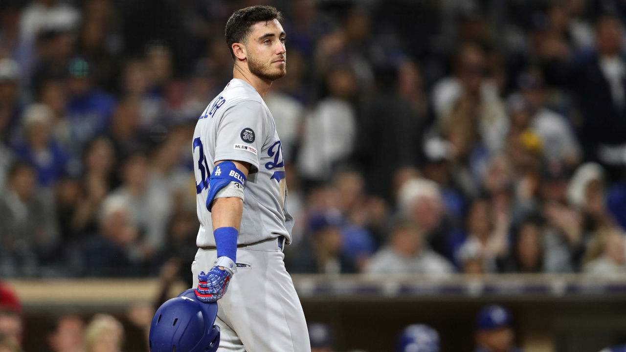 SAN DIEGO, CALIFORNIA - MAY 03: Cody Bellinger #35 of the Los Angeles Dodgers looks on during a game against the San Diego Padresat PETCO Park on May 03, 2019 in San Diego, California.