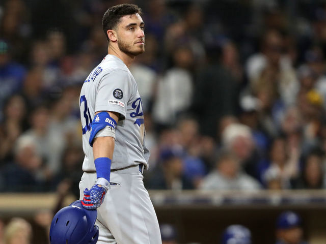SAN DIEGO, CALIFORNIA - MAY 03: Cody Bellinger #35 of the Los Angeles Dodgers looks on during a game against the San Diego Padresat PETCO Park on May 03, 2019 in San Diego, California.