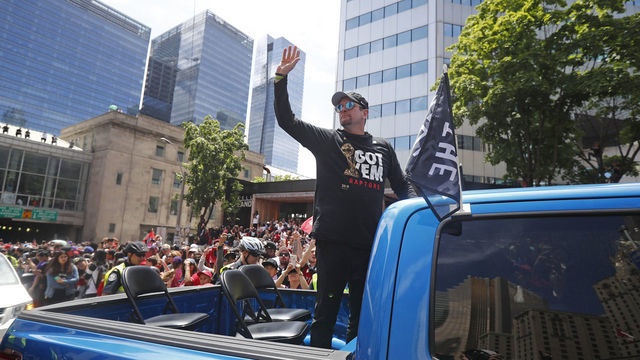 TORONTO, ON - JUNE 17: Head Coach Nick Nurse of the Toronto Raptors waves to the crowd during the Toronto Raptors Championship Victory Parade on June 17, 2019 in Toronto, Ontario. NOTE TO USER: User expressly acknowledges and agrees that, by downloading and/or using this photograph, user is consenting to the terms and conditions of Getty Images License Agreement. Mandatory Copyright Notice: Copyright 2019 NBAE