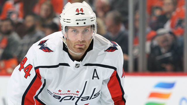 PHILADELPHIA, PA - MARCH 14: Brooks Orpik #44 of the Washington Capitals looks on against the Philadelphia Flyers on March 14, 2019 at the Wells Fargo Center in Philadelphia, Pennsylvania.
