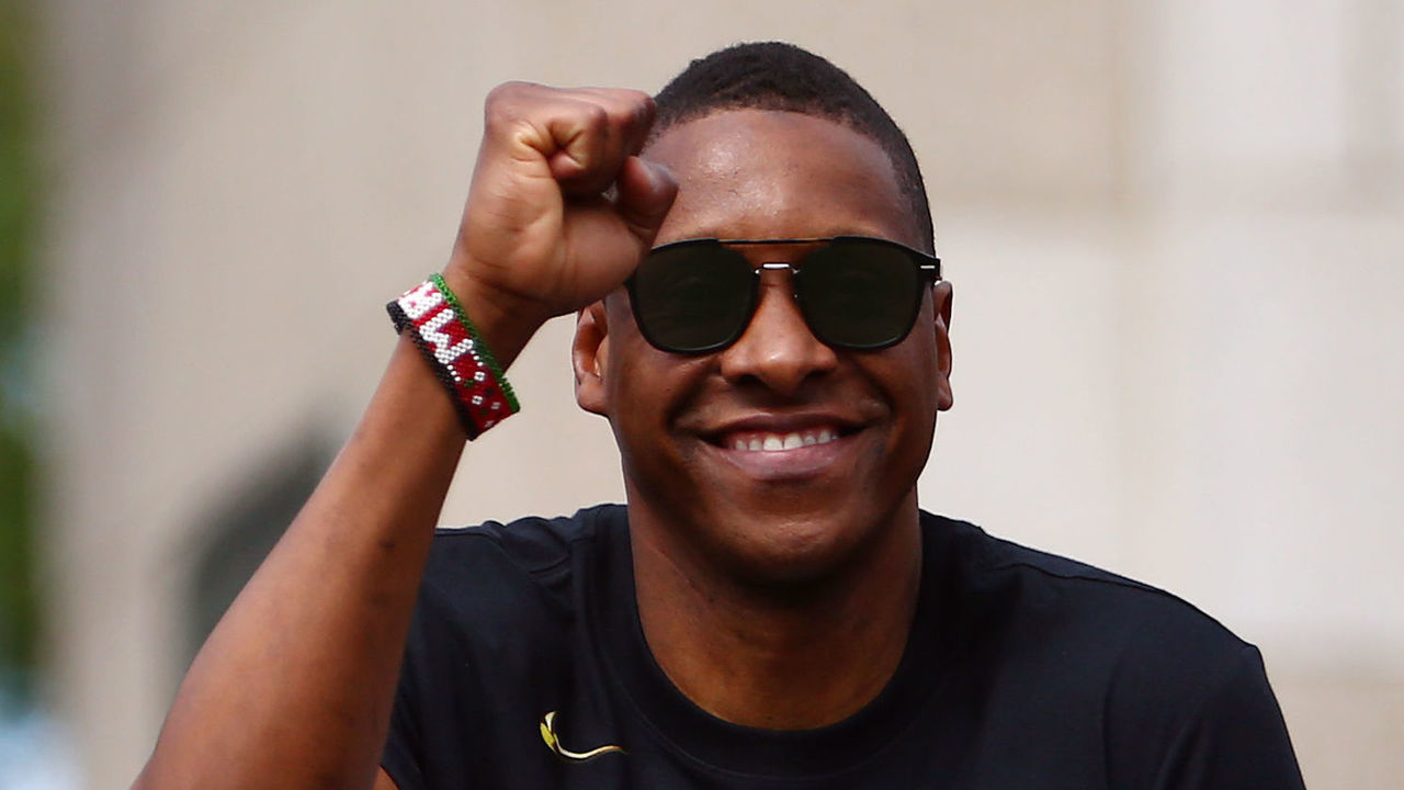 TORONTO, ON - JUNE 17: Toronto Raptors President Masai Ujiri waves during the Toronto Raptors Victory Parade on June 17, 2019 in Toronto, Canada. The Toronto Raptors beat the Golden State Warriors 4-2 to win the 2019 NBA Finals.