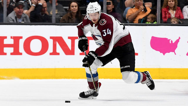 SAN JOSE, CA - MAY 08: Carl Soderberg #34 of the Colorado Avalanche skates up ice with control of the puck against the San Jose Sharks during the first period of Game Seven of the Western Conference Second Round during the 2019 NHL Stanley Cup Playoffs at SAP Center on May 8, 2019 in San Jose, California. The Sharks won the game 3-2.