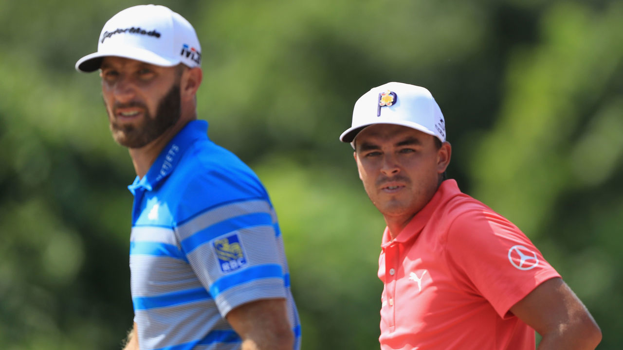ST LOUIS, MO - AUGUST 11: Dustin Johnson of the United States and Rickie Fowler of the United States walk during the third round of the 2018 PGA Championship at Bellerive Country Club on August 11, 2018 in St Louis, Missouri.