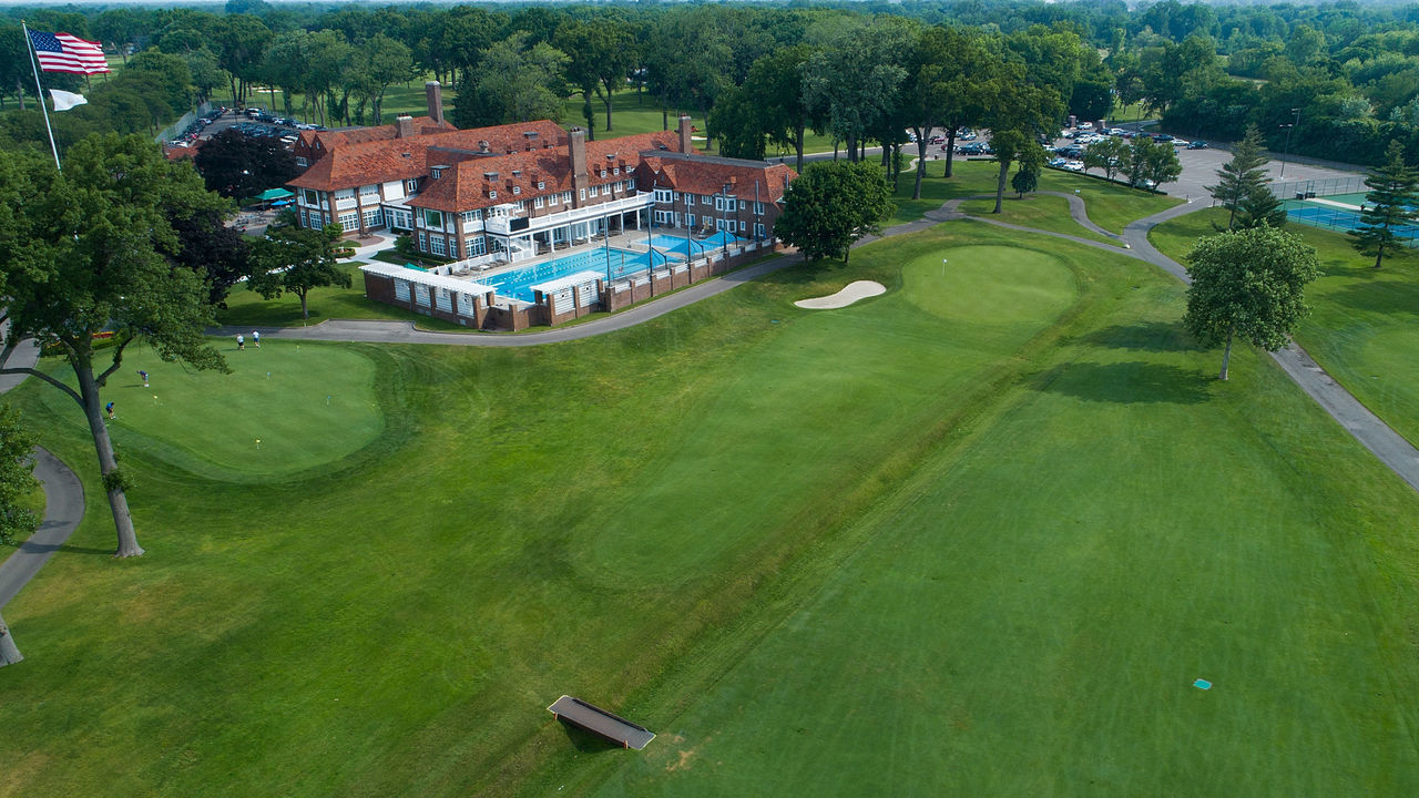 DETROIT, MI - JUNE 18: A general view of the 18th hole at the Detroit Golf Club North Course on June 18, 2018 in Detroit, Michigan.