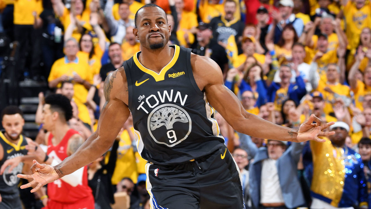 OAKLAND, CA - JUNE 13: Andre Iguodala #9 of the Golden State Warriors reacts to a play during Game Six of the NBA Finals against the Toronto Raptors on June 13, 2019 at ORACLE Arena in Oakland, California. NOTE TO USER: User expressly acknowledges and agrees that, by downloading and/or using this photograph, user is consenting to the terms and conditions of Getty Images License Agreement. Mandatory Copyright Notice: Copyright 2019 NBAE