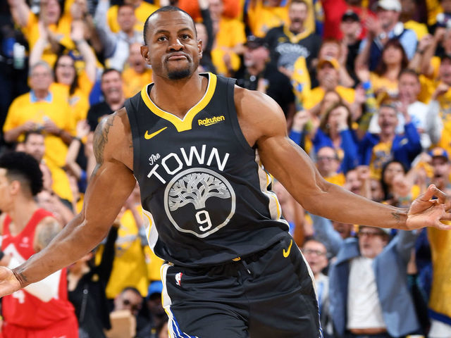 OAKLAND, CA - JUNE 13: Andre Iguodala #9 of the Golden State Warriors reacts to a play during Game Six of the NBA Finals against the Toronto Raptors on June 13, 2019 at ORACLE Arena in Oakland, California. NOTE TO USER: User expressly acknowledges and agrees that, by downloading and/or using this photograph, user is consenting to the terms and conditions of Getty Images License Agreement. Mandatory Copyright Notice: Copyright 2019 NBAE