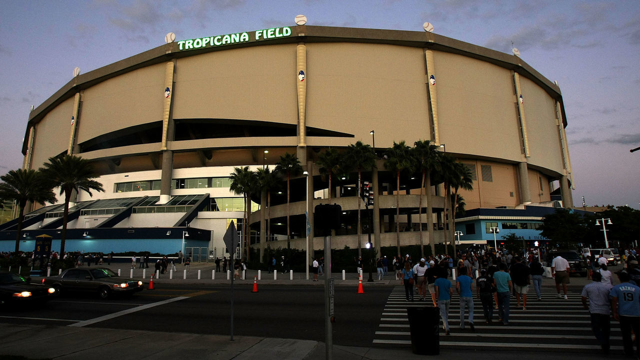 ST PETERSBURG, FL - OCTOBER 19: Fans walk outside of Tropicana Field before game seven of the American League Championship Series between the Boston Red Sox and the Tampa Bay Rays during the 2008 MLB playoffs on October 19, 2008 in St Petersburg, Florida.