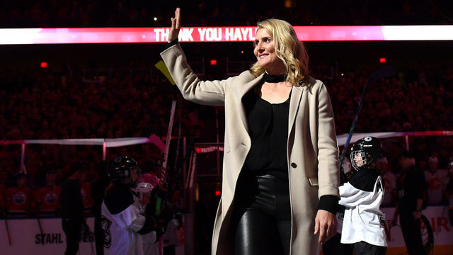 EDMONTON, AB - JANUARY 14: Hayley Wickenheiser walks out onto the ice for her retirement ceremony prior to the game between the Edmonton Oilers and the Calgary Flames on January 14, 2017 at Rogers Place in Edmonton, Alberta, Canada.