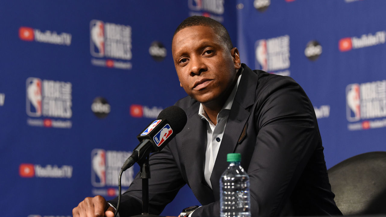 TORONTO, ON - MAY 29: President of Basketball Operations Masai Ujiri of the Toronto Raptors speaks to the media during practice and media availability as part of the 2019 NBA Finals on May 29, 2019 at Scotiabank Arena in Toronto, Ontario, Canada. Mandatory Copyright Notice: Copyright 2019 NBAE