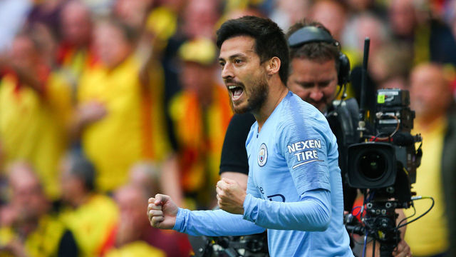LONDON, ENGLAND - MAY 18: David Silva of Manchester City celebrates scoring the opening goal during the FA Cup Final match between Manchester City and Watford at Wembley Stadium on May 18, 2019 in London, England.