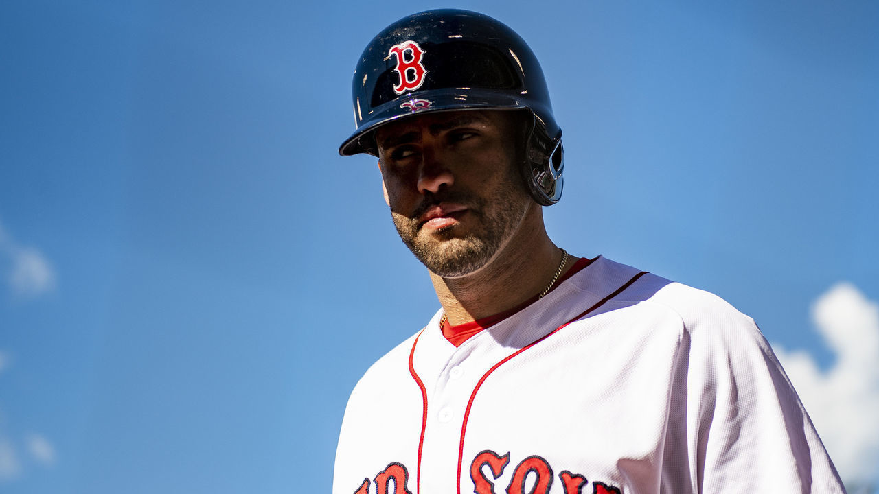 BOSTON, MA - JUNE 22: J.D. Martinez #28 of the Boston Red Sox looks on during the first inning of a game against the Toronto Blue Jays on June 22, 2019 at Fenway Park in Boston, Massachusetts.