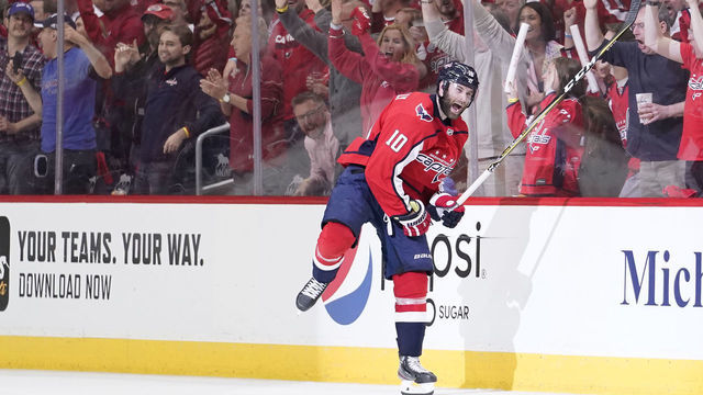 WASHINGTON, DC - APRIL 20: Brett Connolly #10 of the Washington Capitals celebrates after scoring a goal in the second period against the Carolina Hurricanes in Game Five of the Eastern Conference First Round during the 2019 NHL Stanley Cup Playoffs at Capital One Arena on April 20, 2019 in Washington, DC.