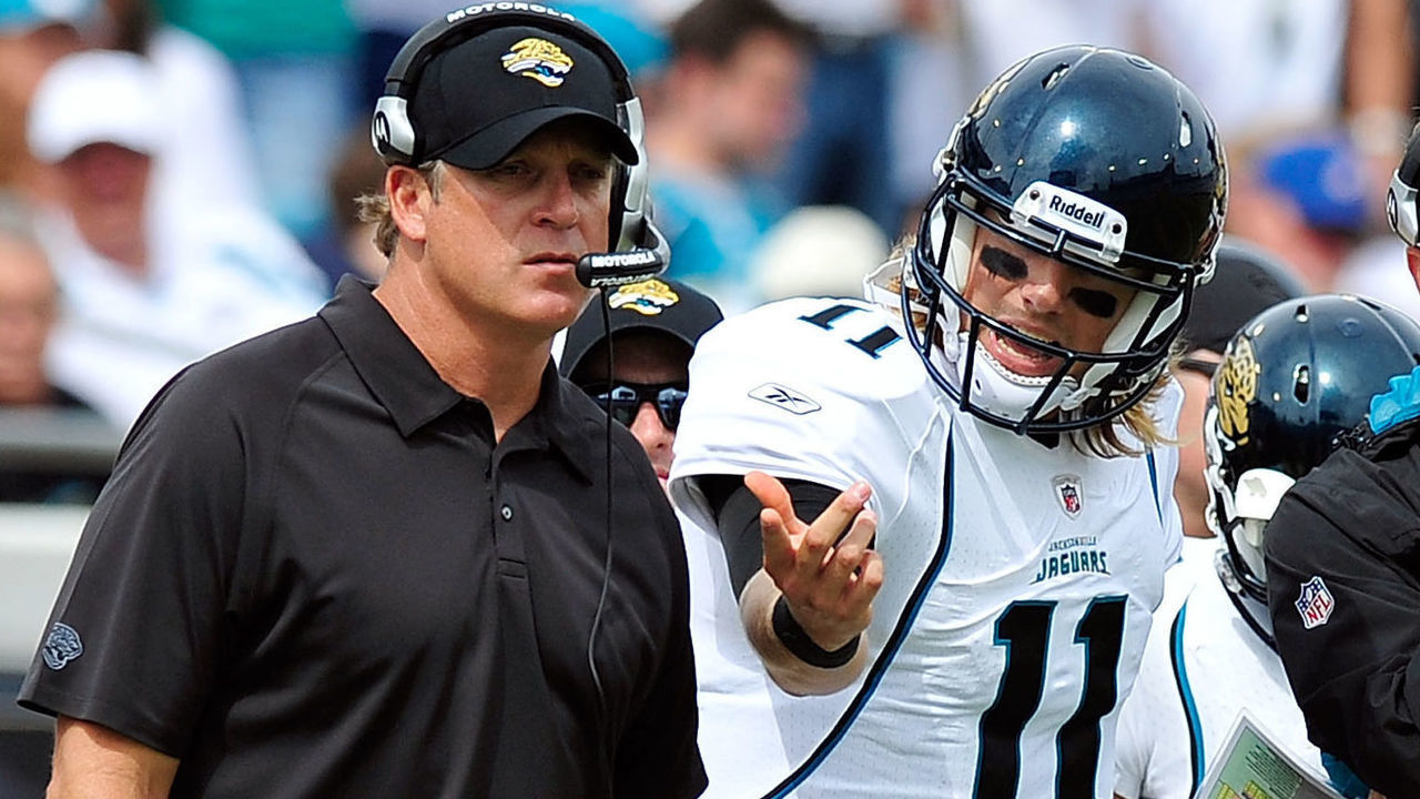 JACKSONVILLE, FL - OCTOBER 09: Quarterback Blaine Gabbert #11 and coach Jack Del Rio of the Jacksonville Jaguars against the Cincinnati Bengals during play at EverBank Field on October 9, 2011 in Jacksonville, Florida. Cincinnati won 30-20.