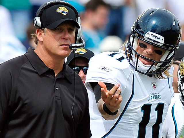 JACKSONVILLE, FL - OCTOBER 09: Quarterback Blaine Gabbert #11 and coach Jack Del Rio of the Jacksonville Jaguars against the Cincinnati Bengals during play at EverBank Field on October 9, 2011 in Jacksonville, Florida. Cincinnati won 30-20.
