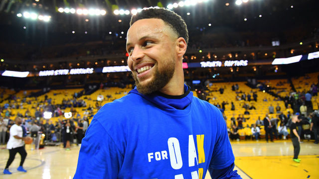 OAKLAND, CA - JUNE 13: Stephen Curry #30 of the Golden State Warriors smiles prior to a game against the Toronto Raptors before Game Six of the NBA Finals on June 13, 2019 at ORACLE Arena in Oakland, California. NOTE TO USER: User expressly acknowledges and agrees that, by downloading and/or using this photograph, user is consenting to the terms and conditions of Getty Images License Agreement. Mandatory Copyright Notice: Copyright 2019 NBAE