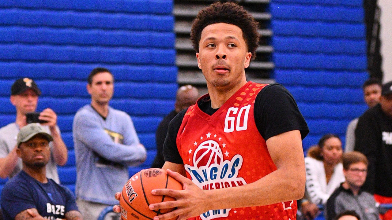 NORWALK, CA - JUNE 02: Cade Cunningham from Montverde Academy attacks the basket during the Pangos All-American Camp on June 2, 2019 at Cerritos College in Norwalk, CA.