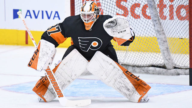 TORONTO, ON - MARCH 15: Philadelphia Flyers Goalie Brian Elliott (37) in warmups prior to the regular season NHL game between the Philadelphia Flyers and Toronto Maple Leafs on March 15, 2019 at Scotiabank Arena in Toronto, ON.