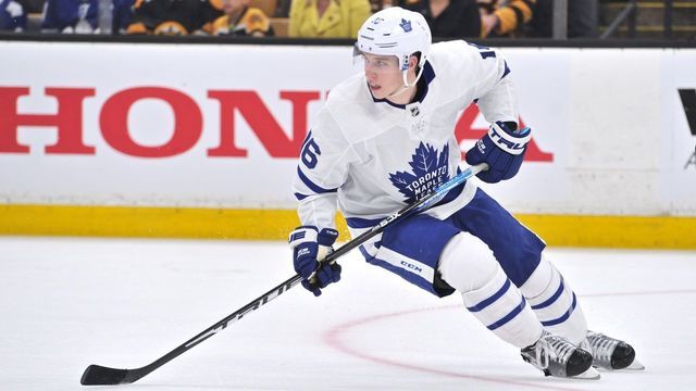 BOSTON, MA - APRIL 13: Toronto Maple Leafs right wing Mitchell Marner (16) makes a quick turn, and heads up ice after the puck. During Game 2 in the First round of the Stanley Cup playoffs featuring the Toronto Maple Leafs against the Boston Bruins on April 13, 2019 at TD Garden in Boston, MA.