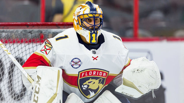 OTTAWA, ON - MARCH 28: Florida Panthers Goalie Roberto Luongo (1) prepares to make a save during warm-up before National Hockey League action between the Florida Panthers and Ottawa Senators on March 28, 2019, at Canadian Tire Centre in Ottawa, ON, Canada.