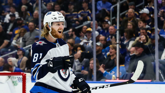 ST. LOUIS, MO - APRIL 14: Winnipeg Jets' Kyle Connor celebrates after scoring a goal during the third period of Game 3 of an NHL hockey first-round playoff series between the St. Louis Blues and the Winnipeg Jets on April 14, 2019, at the Enterprise Center in St. Louis, MO.