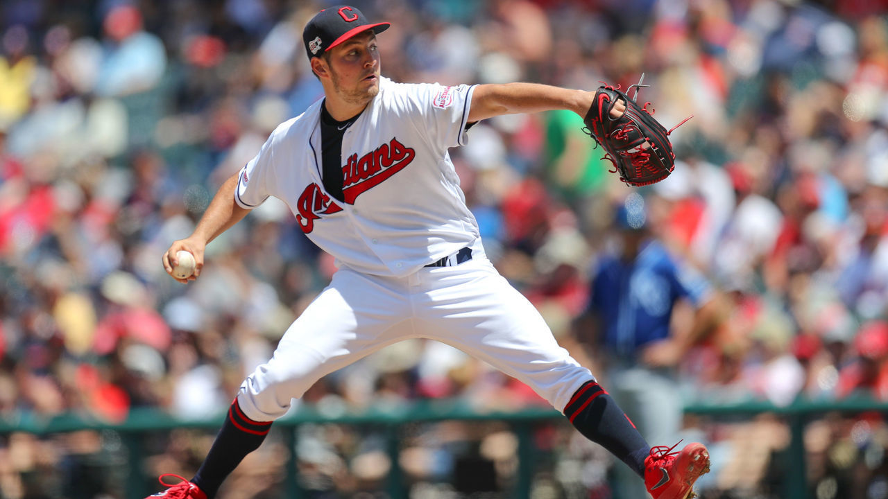 CLEVELAND, OH - JUNE 26: Cleveland Indians starting pitcher Trevor Bauer (47) drivers a pitch to the plate during the fourth inning of the Major League Baseball game between the Kansas City Royals and Cleveland Indians on June 26, 2019, at Progressive Field in Cleveland, OH.