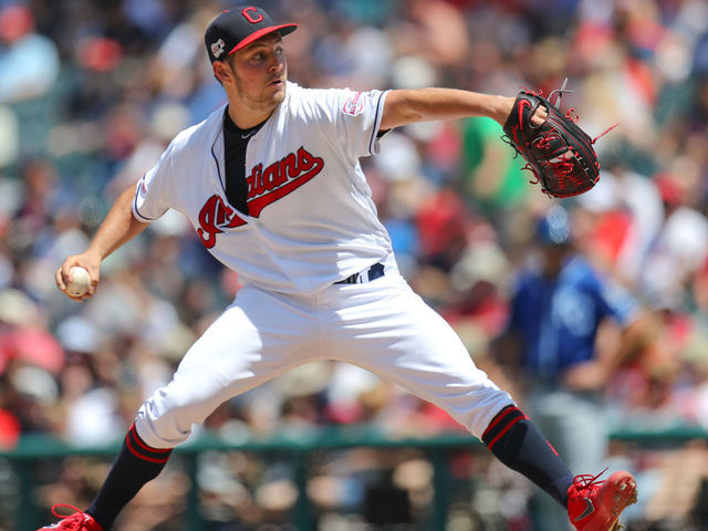 CLEVELAND, OH - JUNE 26: Cleveland Indians starting pitcher Trevor Bauer (47) drivers a pitch to the plate during the fourth inning of the Major League Baseball game between the Kansas City Royals and Cleveland Indians on June 26, 2019, at Progressive Field in Cleveland, OH.