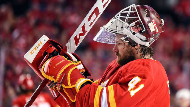 CALGARY, AB - APRIL 13: Calgary Flames Goalie Mike Smith (41) skates back to his net after a stoppage in play during the first period of Game Two of the Western Conference First Round during the 2019 Stanley Cup Playoffs where the Calgary Flames hosted the Colorado Avalanche on April 13, 2019, at the Scotiabank Saddledome in Calgary, AB.