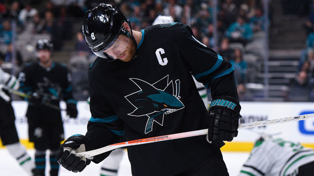 SAN JOSE, CA - DECEMBER 13: San Jose Sharks Center Joe Pavelski (8) reacts after a missed chance during the National Hockey League game between the Dallas Stars and the San Jose Sharks on December 13, 2018 at SAP Center in San Jose, CA.