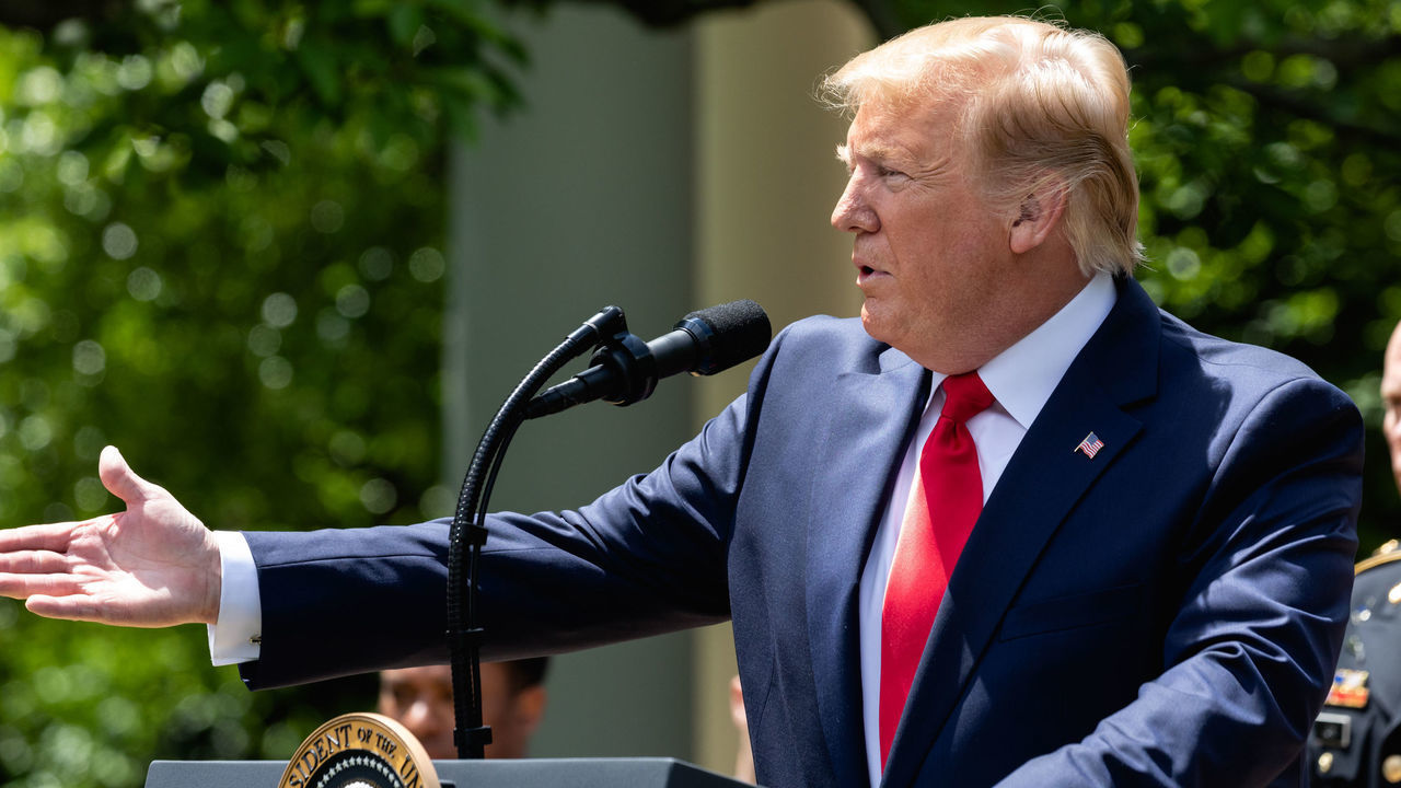 President Donald Trump speaks during the presentation of the Commander-in-Chief's Trophy to the U.S. Military Academy football team, the Army Black Knights, in the Rose Garden of the White House in Washington, D.C., on Monday, May 6, 2019.