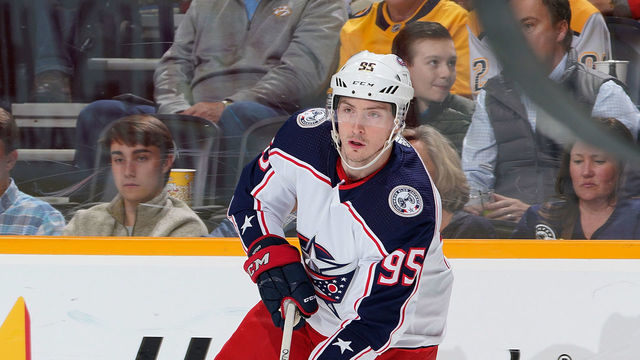 NASHVILLE, TN - MARCH 30: Matt Duchene #95 of the Columbus Blue Jackets skates against the Nashville Predators at Bridgestone Arena on March 30, 2019 in Nashville, Tennessee.